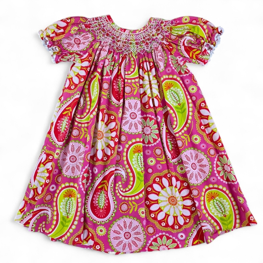 Three Sisters Smocked Floral Paisley Dress Girls 3T Pink Green 100% Cotton